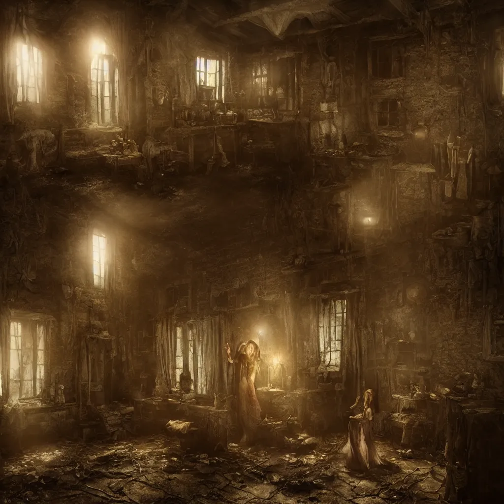 Image similar to a witch standing in the shadows on the inside of a decrepit cottage at night, highly detailed interior, by Bastien LeCouffe-Deharme, hyperrealistic, Cryengine 8k UHD