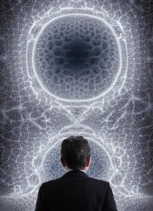 Prompt: matte painting of man in suit with black mandelbrot fractal as head