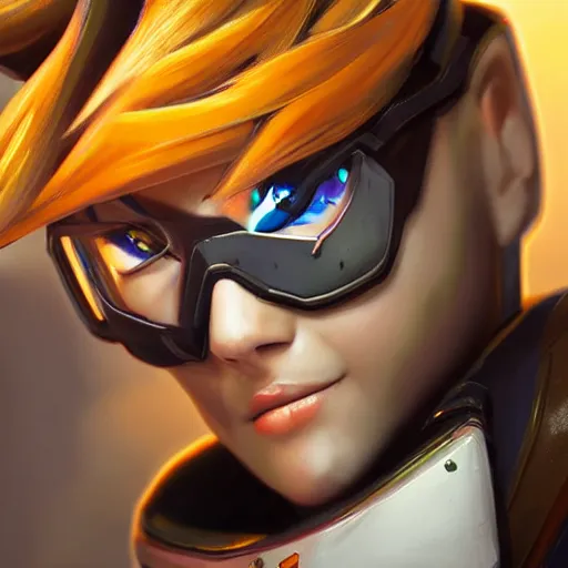 Prompt: extreme close up tracer from overwatch fantasy portrait painted by daniel dos santos