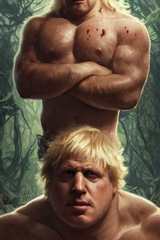 Prompt: portrait of boris johnson as a hulking herculean demon, forest, godlike, full body, fantasy, intricate, elegant, highly detailed, digital painting, artstation, concept art, sharp focus, illustration, art by artgerm and greg rutkowski and alphonse mucha