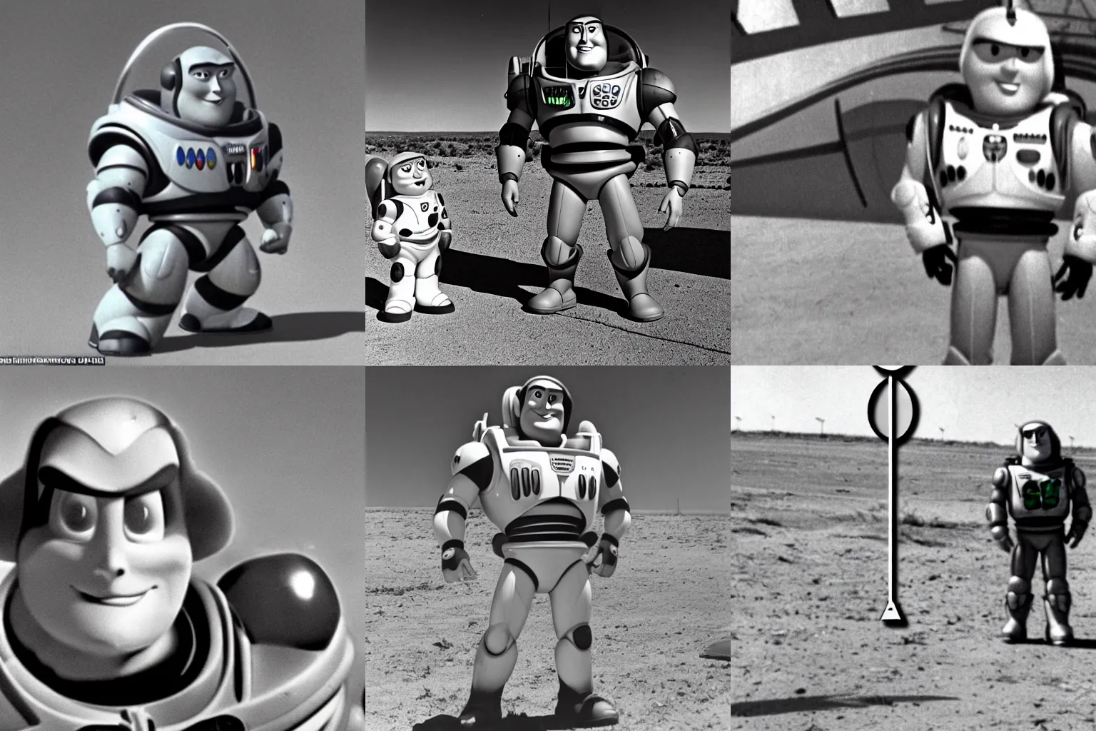 Prompt: a 1940s photo of buzz lightyear at Roswell New Mexico UFO crash