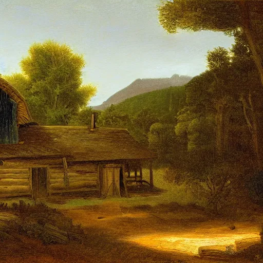 Prompt: Woodcutter Cabin in 1750,viewed by Thoreau, in the style of the Hudson River School