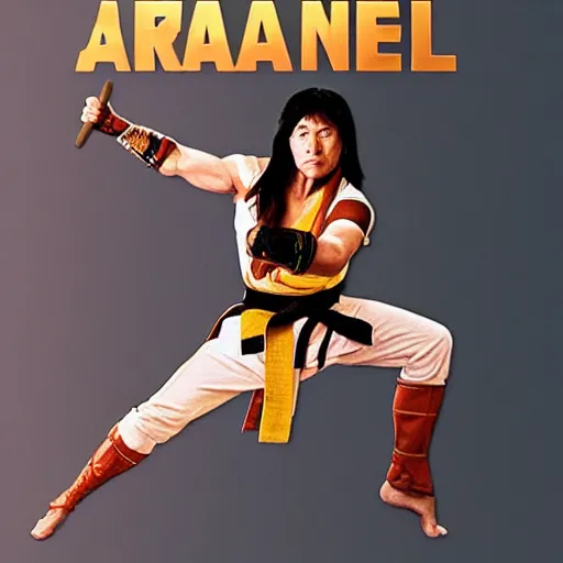 Prompt: Jackie Chan as an amazonian woman in karate pose holding a broom, wide full body, movie poster, realistic hyper detailed concept art