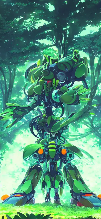 Image similar to giant humanoid plant mech, coming through treetops, forest, key art, sharp lines, towering above a small person, aesthetic, anime, trigger, shigeto koyama, hiroyuki imaishi