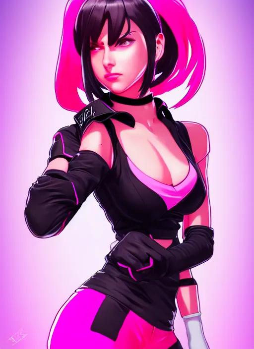 Image similar to female boss, wide angle view, neon pink and black color scheme, highly detailed, artgerm, cushart krenz, king of fighters style, trending on artstation, soft light, sharp focus, illustration, character design, concept art