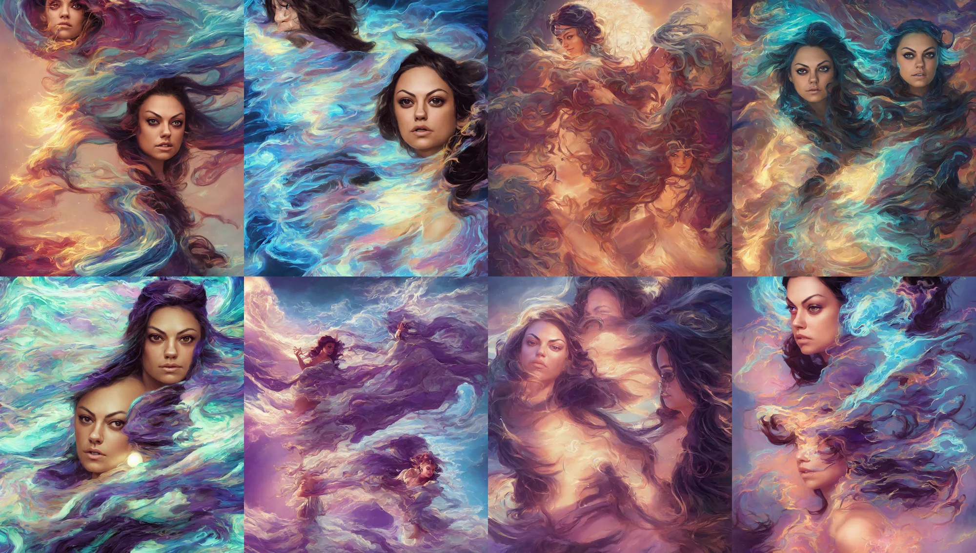 Prompt: close portrait mila kunis, wind sorcerer, intricate robes, gloomhaven, luminescent, colorful swirly magic ripples, pastel colors, by greg manchess, huang guangjian, gil elvgren, sachin teng, greg rutkowski, jesper ejsing, ilya kuvshinov, focal length : 2 0 0. 0 mm