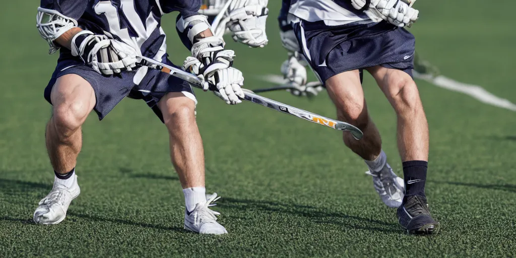 Image similar to lacrosse player, soccer field, cascade helmet, realistic, running, very detailed, 8k, high resolution, ultra realistic, no grain, symmetry, normal proportions, sports illustrated style, Cascade XRS Custom Lacrosse Helmet, brine lacrosse stick, Brine Lacrosse King V Gloves, normal feet, Nike Alpha Huarache 7 Elite, STX Surgeon 700 Lacrosse Arm Guards