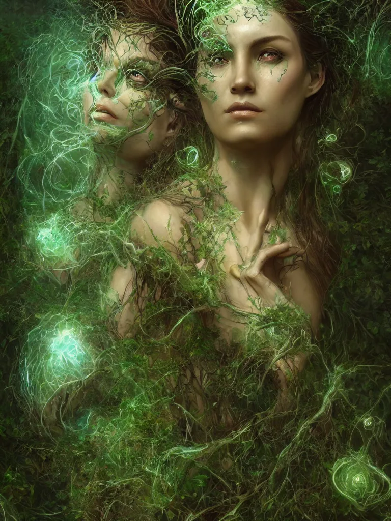 Image similar to an ancient mystical alluring female witch generating flowing energy and surrounded by wisps of green magic sits meditating in a magical overgrown garden temple, face face face, by karol bak, 3 d, cinema 4 d render, trending on artstation