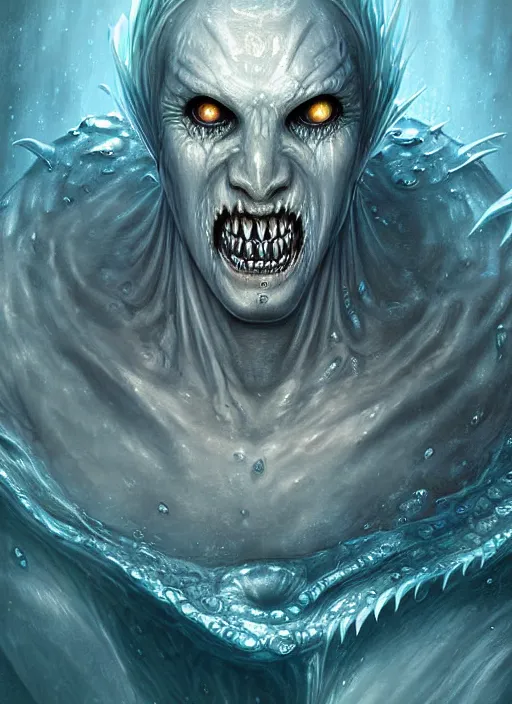 Image similar to digital painting of a wet undead merfolk man, with pale white skin, sharp teeth, black hollow eyes, head just above water surface, by filipe pagliuso and justin gerard, fantasy, highly detailed, realistic, intricate, glowing eyes