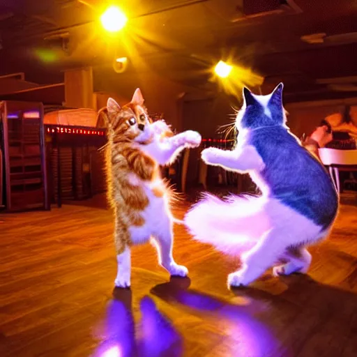 Image similar to dog and cat dancing in a night club