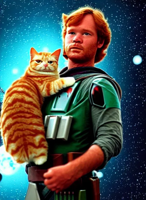 Image similar to film still of boba fett holding a fat ginger cat in his arms, star wars, beautiful glowing lights, planets in background, sci - fi, stunning, intricate, elegant. highly detailed