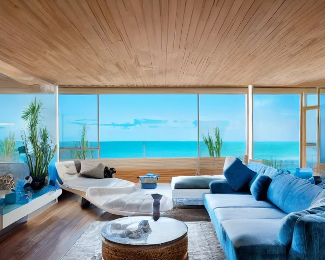 Image similar to A modern living room in a ocean hues style next to a big terrace overlooking the ocean, a luxurious wooden coffee table with large seashells on top in the center, inspired by the ocean, calm, relaxed style, harmony, wide angle shot, 8k resolution, ultra detailed