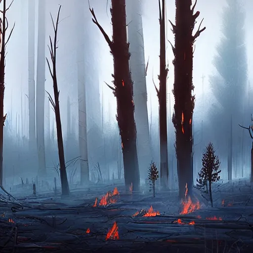Prompt: a burned lifeless forest, with burned trees, concept art, cinematic, Greg Rutkowski, ArtStation, CGSociety, Unreal Engine