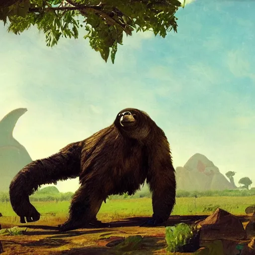 Prompt: A giant Weresloth prowling the savannahs of Pangea, by Philipp A Urlich and Isaac Levitan, early morning, Breath of the Wild