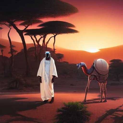 Image similar to an african moor wearing white robes riding a robot camel into a lush desert oasis with a reflective pond, by greg rutkowski and android jones, afrofuturism, oil on canvas, 8k, synthwave sunset