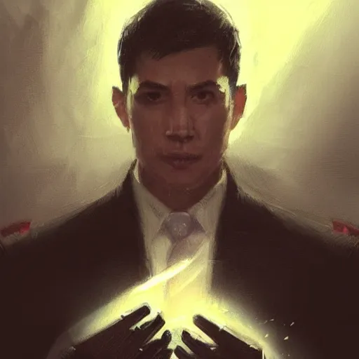 Image similar to Portrait of a man by Greg Rutkowski, he is about 30 years old, mixture between russian and chinese, short black hair, attractive, smart looking, he is wearing a black futuristic lawyer outfit, highly detailed portrait, scifi, digital painting, artstation, concept art, smooth, sharp foccus ilustration, Artstation HQ