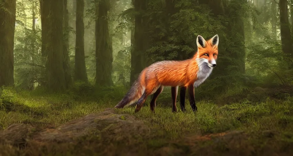 Prompt: A beautiful hyper realistic ultra detailed lifelike matte painting of a fox in a forest, unreal engine, deviantart, flickr, artstation, octane render, textured, colorful, extreme realistic detail, physically based rendering, pbr render, very detailed, volumetric lighting, detailed lighting, octane render, 4k, cinematic lighting, 8k resolution