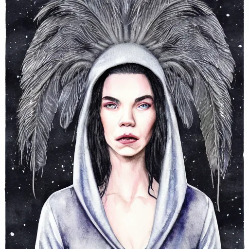 Image similar to full body detailed watercolor illustration of alien jennifer connelly mixed with anya taylor - joy, unsettling, hooded long black feathered cloak, uncanny valley, with black feathers instead of hair, gothic, tim burton, mike mignogna, gray mottled skin, space station - - ar 9 : 1 6