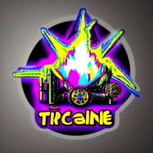 Prompt: sticker of a rock band, name is tripmachine, on the sticker is a 3 d render of a huge futuristic steampunk engine generator, 8 k, fluorescent colors, halluzinogenic, multicolored, exaggerated detailed, silk screen art