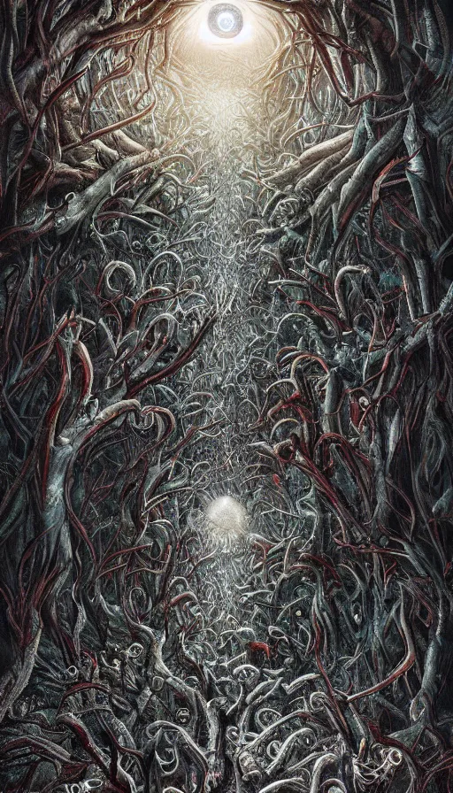 Image similar to a storm vortex made of many demonic eyes and teeth over a forest, by android jones,