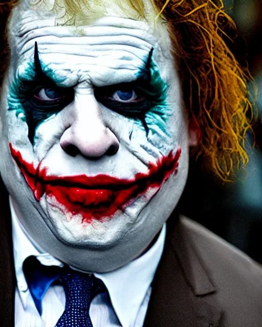 Image similar to film still close - up shot of boris johnson as the joker from the movie the dark knight. photographic, photography