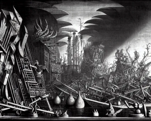 Image similar to Piranesi imagination mixed with the aesthetics of Yves Tanguy