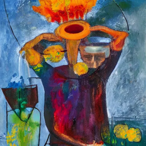 Image similar to man pouring water on head, flowers are in a pot on his head, the pot is part of his head, abstract expressionism, oil on canvas