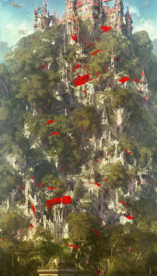 Image similar to castle seen from the sky being attacked by huge red army, cyberpunk, design on white background, beautiful details, lush foliage, drawn by john singer sargent, tom bagshaw, norman rockwell, alphonso mucha, lolish, trending on artstation