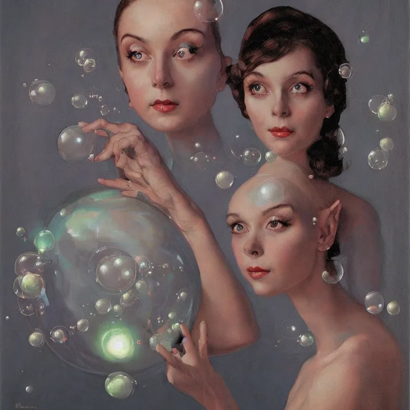 Image similar to portrait painting of a beautiful alien woman with big eyes, by norman rockwell. floating glowing bubbles. muted colors, soft gradients. dark background. trending on artstation. retrofuturism.