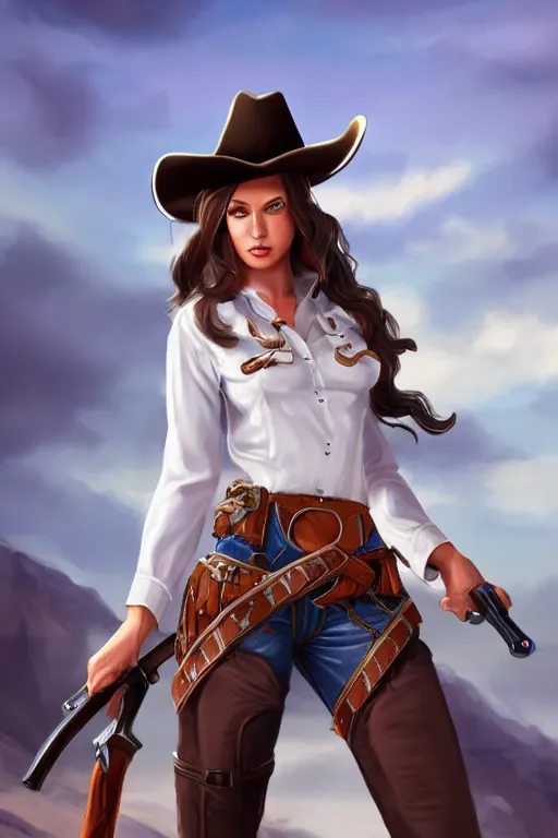 Image similar to full body, female cowgirl, perfect face, white blouse, long rifle, 8 k, magic the gathering, desert, d & d, artstation