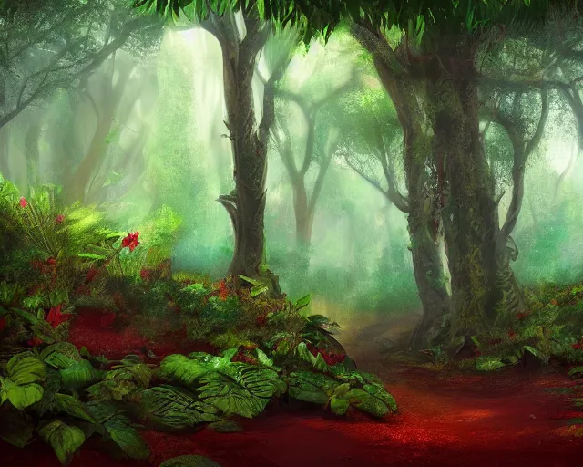 Prompt: lush deciduous forest in a humid subtropical climate, red and brown soil, green and teal leaves, atmospheric fantasy concept art