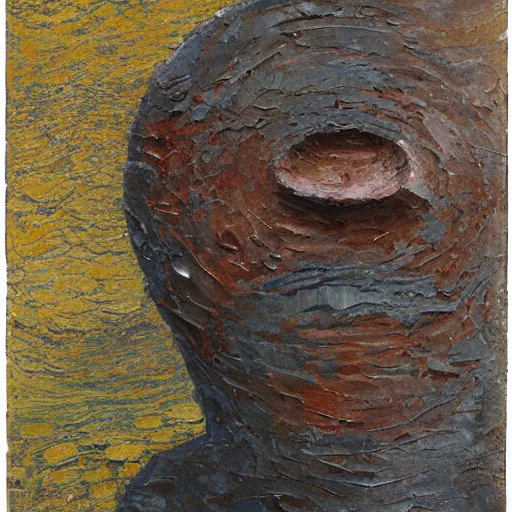 Prompt: a detailed, impasto painting by shaun tan and louise bourgeois of an abstract forgotten sculpture by ivan seal and the caretaker, alzheimer