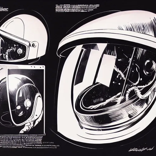 Prompt: astronaut helmet concept art, futuristic, realistic, by wally wood and syd mead