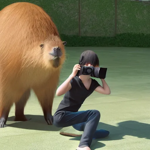 Prompt: anime girl with a camera filming a breakdancing capybara, vray