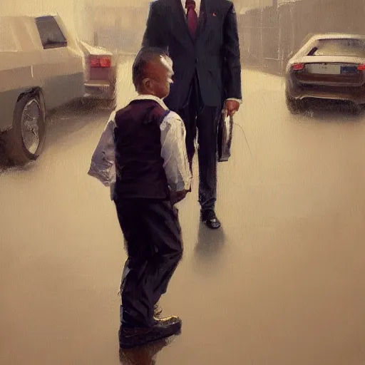 Image similar to oil painting of a man in a suit indifferent to an orphan boy who asks, by greg rutkowski, artstation