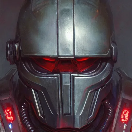 Image similar to the doomslayer as a realistic scifi cyberpunk knight, closeup portrait art by donato giancola and greg rutkowski, vintage retro scifi, realistic face, digital art, trending on artstation, symmetry!!!