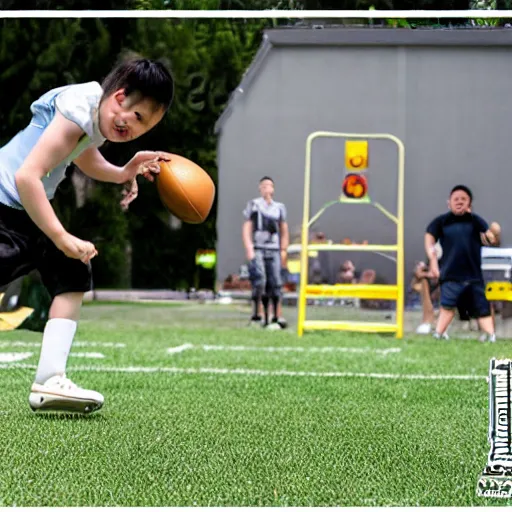 Image similar to Adult Justin Sun kicking a baby through a field goal, professional football photography, flying baby