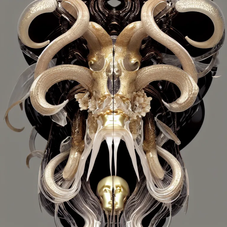 Image similar to goddess princess face close-up portrait ram skull. sculpture made of polished gold and matte obsidian. jellyfish phoenix head, nautilus, orchid, skull, betta fish, bioluminiscent creatures, intricate artwork by Tooth Wu and wlop and beeple. octane render, trending on artstation, greg rutkowski very coherent symmetrical artwork. cinematic, hyper realism, high detail, octane render, 8k