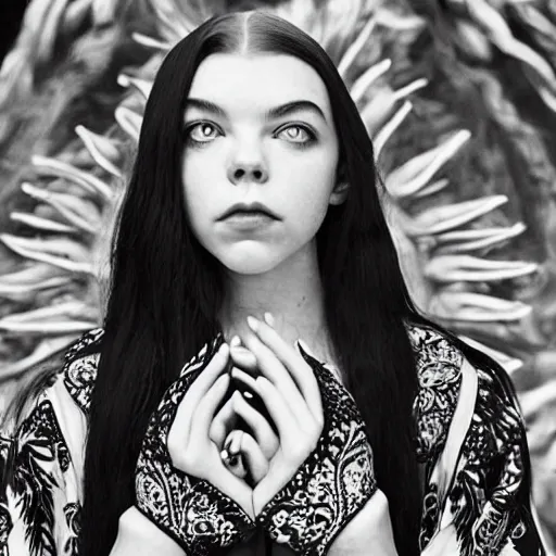 Image similar to black and white pen and ink!!!!!!! sorcerer beautiful attractive long hair Anya Taylor-Joy wearing High Royal flower print robes flaming!!!! final form sensual flowing ritual royal!!! Contemplative stance Vagabond!!!!!!!! floating magic witch!!!! glides through a beautiful!!!!!!! Camellia!!!! Tsubaki!!! death-flower!!!! battlefield behind!!!! dramatic esoteric!!!!!! Long hair flowing dancing illustrated in high detail!!!!!!!! by Hiroya Oku!!!!!!!!! graphic novel published on 2049 award winning!!!! full body portrait!!!!! action exposition manga panel black and white Shonen Jump issue by David Lynch eraserhead and beautiful line art Hirohiko Araki!! Frank Miller, Kentaro Miura!, Jojo's Bizzare Adventure!!!! 3 sequential art golden ratio technical perspective panels horizontal per page