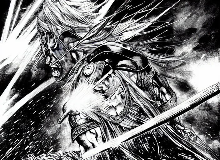 Image similar to thor with blond hair catches lightning and holds an ax in an epic battle with storm clouds with faces monsters by tsutomu nihei, black and white, epic battle background, comic, cinematic