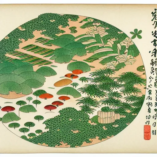 Prompt: 3d isometric botanical illustration of a small city in an island surrounded by water, by maria sibylla merian in Ukiyo-e style, HD