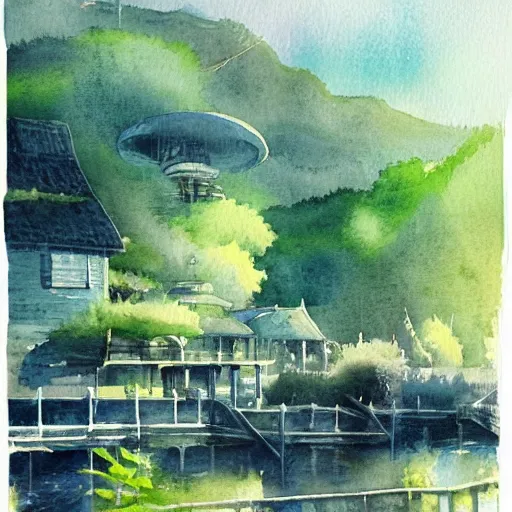 Image similar to Beautiful happy picturesque charming sci-fi town in harmony with nature. Beautiful light. Water and plants. Nice colour scheme, soft warm colour. Beautiful detailed watercolor by Lurid. (2022)