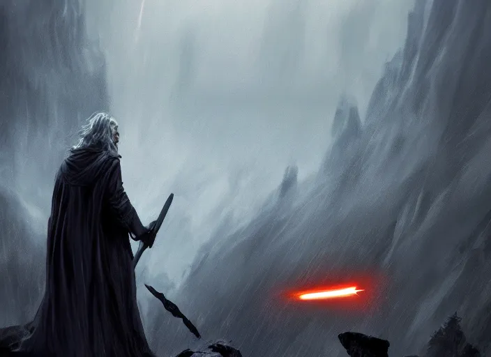 Image similar to gandalf using electric magic against darth vader, beautiful landscape, dramatic lighting, cinematic, establishing shot, night time, heavy rain, extremly high detail, photorealistic, cinematic lighting, post processed, concept art, artstation, matte painting, style by greg rutkowsky