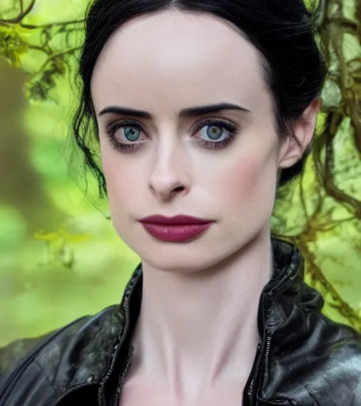 Image similar to 5 5 mm close up portrait photo of krysten ritter as yennefer of vengerberg in black leather armor and black hair, in a forest. magical atmosphere. art by greg rutkowski. lifelike. very detailed 8 k. intricate. soft light. nikon d 8 5 0.