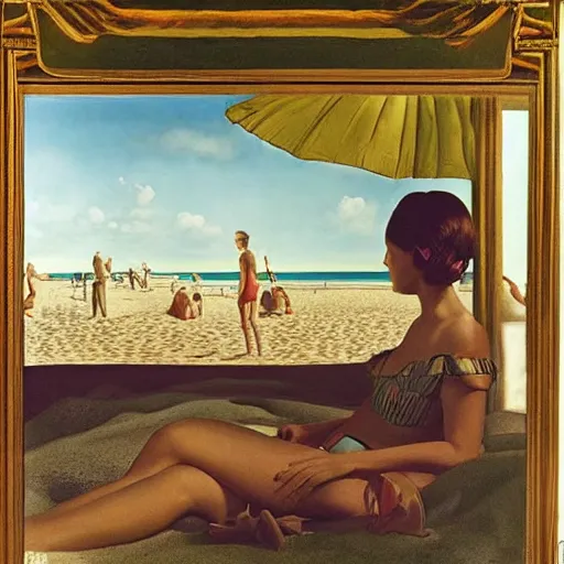 Prompt: dreamy beach scene on a hot summer evening, by carel willink and gregory crewdson