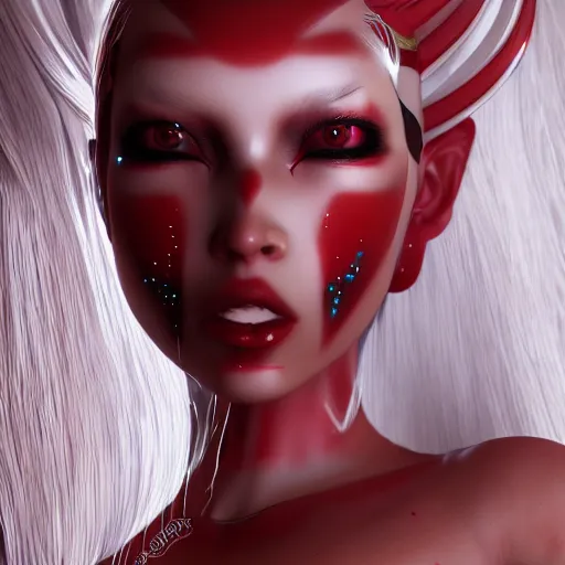 Image similar to kitsune woman fancy haircut, full body, intrincate,unreal engine octane, red and white, glitter, depth of field, 8k, hyper detailed, trending on artstation