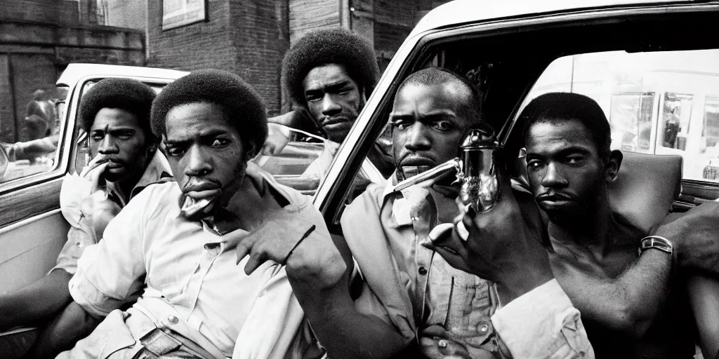 Image similar to bronx, black men sit in the 7 0 s car, holding a magnum, closeup, coloured film photography, bruce davidson photography