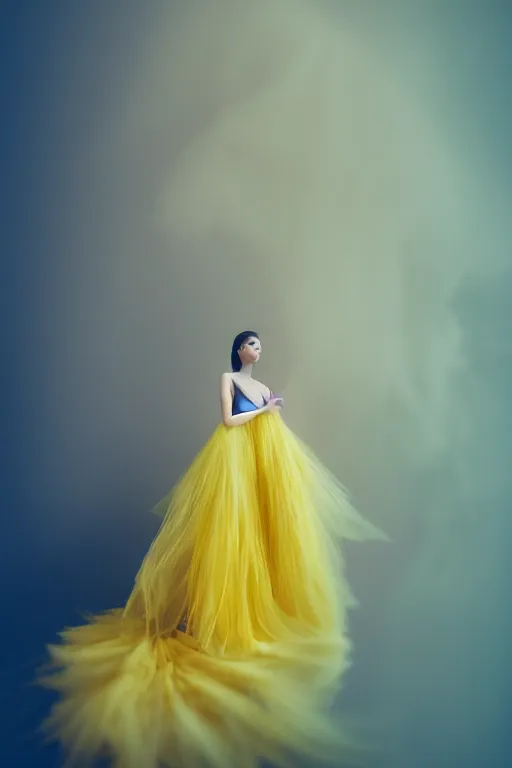 Image similar to a model wearing haute couture from valentino, macro photography, long exposure photograph, surrealism, anamorphic bokeh, cozy, soft light, yellow and blue, caustic, atmospheric fog, octane render, cinematic