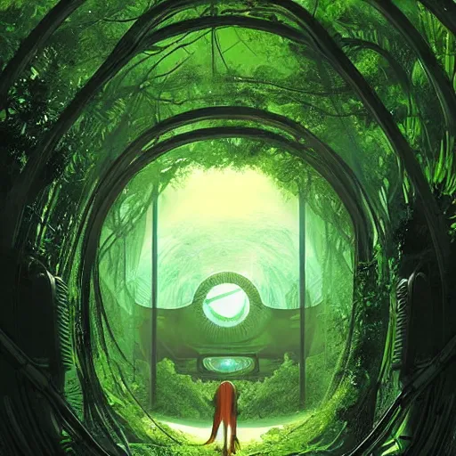 Image similar to portal in a middle of a lush futuristic forest, alien world seen through a portal, person in a cloak standing in front of a portal, syd mead, john harris