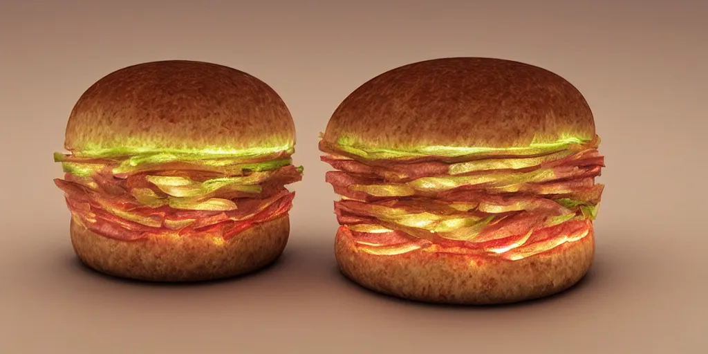 Image similar to a murano hamburger hybrid, digital art, dramatic product lighting